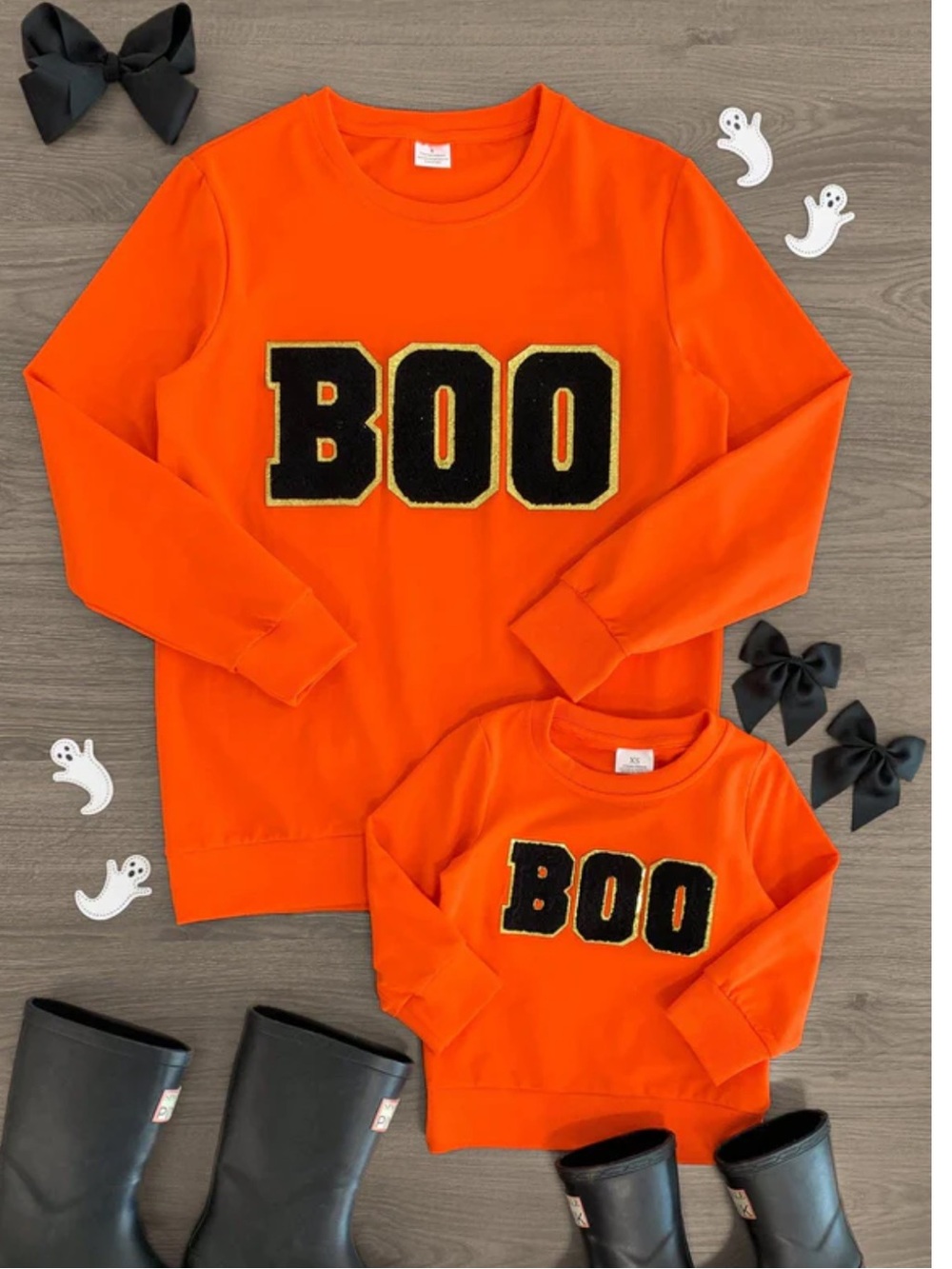 BRAND NEW “BOO,” Orange top with Chenille Patch